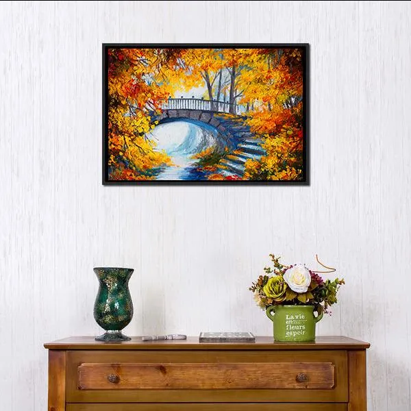 Autumn Forest With Bridge Canvas Wall Art