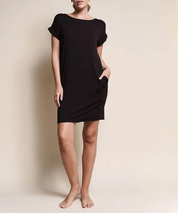 Fabina Bamboo Crop Round Neck Cap Sleeves Mini Dress With Pockets