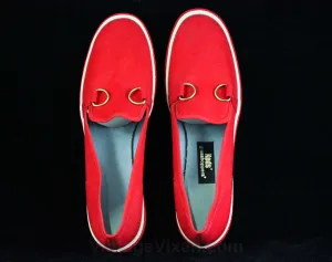 Size 10 Deck Shoes - Classic Casual 90s Red Slip On Narrow Shoe - Braided Jute - 1990s Keds Grasshoppers - 1991 Preppy Deadstock - 10N