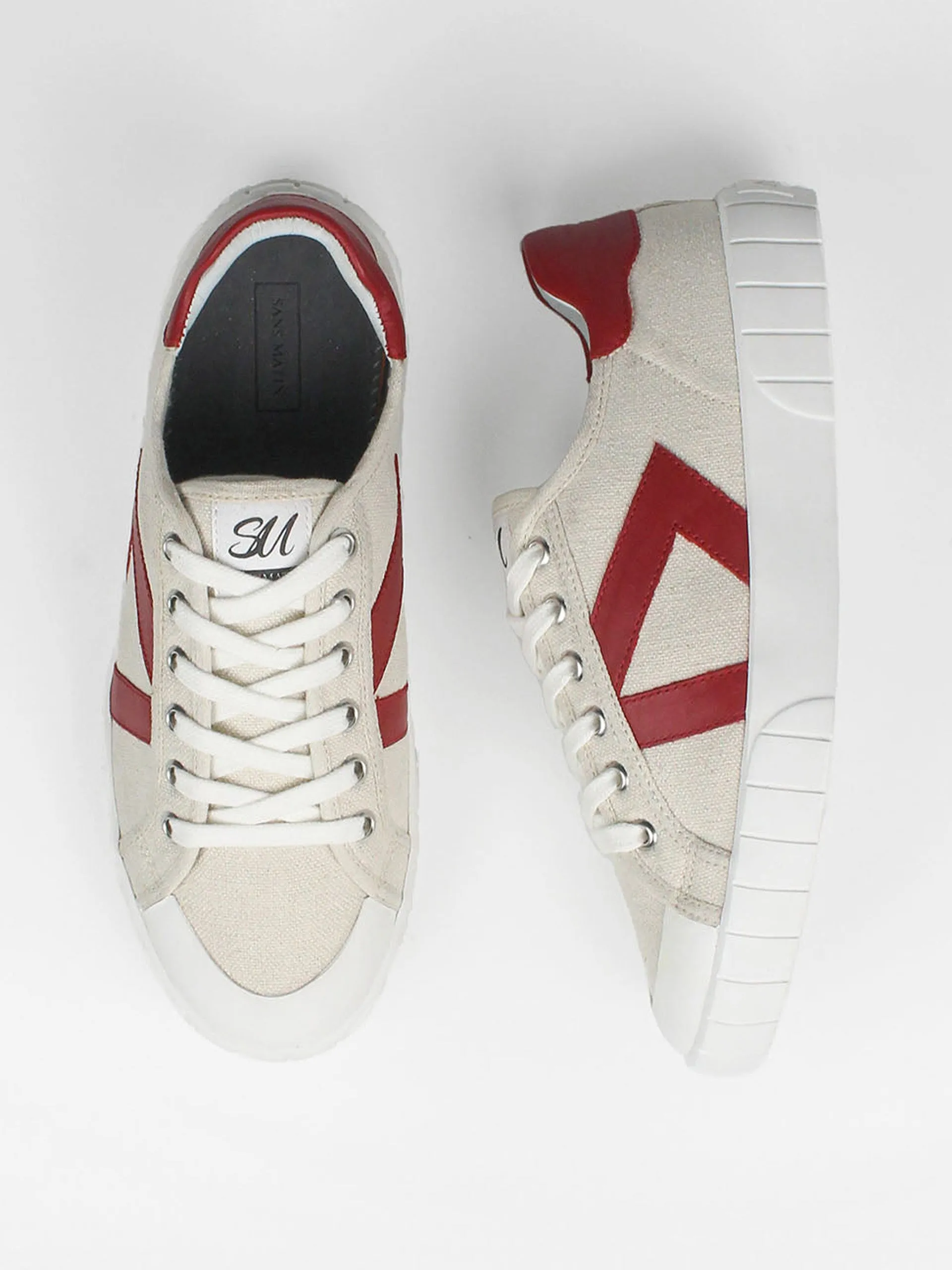 The Helios beige and red trainers
