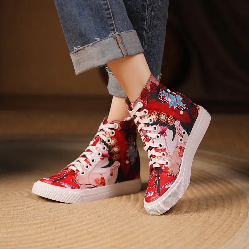 Women Peking Face Round Toe Lace Up Canvas Shoes